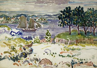 Inlet with Sailboat, Maine, ca. 1913-1915.