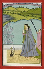 A lady on a terrace with hookah and falcon, 20th century. Attributed to a follower of Har Jaimal.
