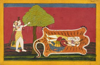 Shiva and Parvati on a tiger skin: Anakul Nayaka folio from a Rasamanjari, ca. 1710 - ca. 1715. Attributed to Golu.