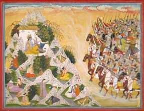 Jarasandha's army advances toward Krishna and Balarama, folio from a Mahabharata, ca. 1800-1815. Attributed to Purkhu.