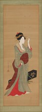 A geisha about to adjust a tortoise-shell hairpin, late 18th century.