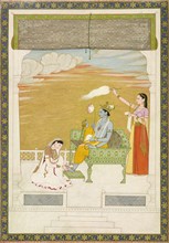 Lakshmi massaging the foot of Vishnu, ca. 1765-1770. Composition attributed to Nainsukh, painting attributed to Manju.
