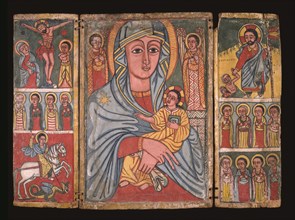 Icon , Late 17th-early 18th century. Triptych of distemper and gesso on wood. Left panel: Crucifixion; Saints; St. George and the dragon. Central panel: Madonna and child flanked by archangels. Right ...