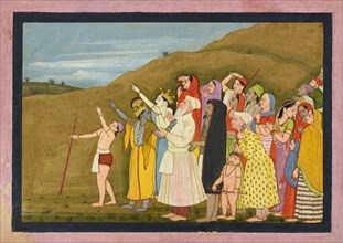 Krishna and his family admire a solar eclipse, perhaps a page from the "Kangra/Modi" Bhagavata Purana, 1775-1780.
