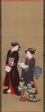 Two girls standing, one holding an open book, 1615-1868.