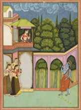 Krishna approaches Radha, folio from a Rasikpriya, dated 1690.