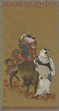 Two kabuki actors in the roles of a courtesan on a water buffalo and a traveling priest, 1686-1764.