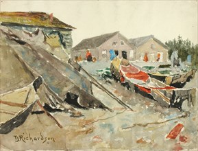 Drying Blankets over Canoes, ca. 1890-1914.