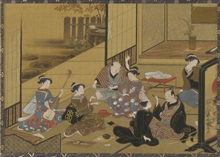 Interior scene of a party with geisha and clients, 1735-1814.