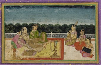 A Lady and attendant on a terrace at evening, with three women musicians, 18th century.