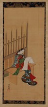 A yujo sitting outside a brothel and looking at a blank paper, 18th-19th century.