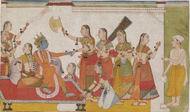 Krishna welcoming Sudama, from a Bhagavata Purna, c. 1700.