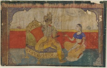The lover (Krsna) in conversation with the messenger from the beloved, from a Rasikapriya, ca. 1617.