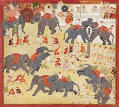 Maharana Raj Singh observing an elephant fight, ca. 1670-1675.