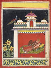 Two lovers in a pavilion, from an Amarushataka (Hundred poems of Amaru), or an unidentified erotic series, ca. 1680.