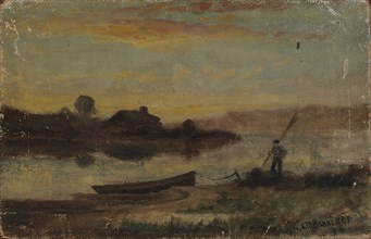 Untitled (landscape, boat moored near bank with man walking), 1896.
