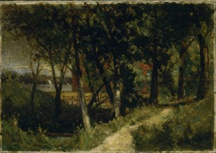 Untitled (landscape, forest scene with red fence and building), 1893.