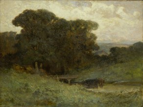 Untitled (forest scene with bridge, cows in stream in foreground), 1897.