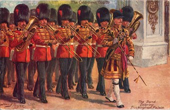 The Coldstream Guards - The Band entering Buckingham Palace, c1930. British army soldiers at the Queen's London residence.