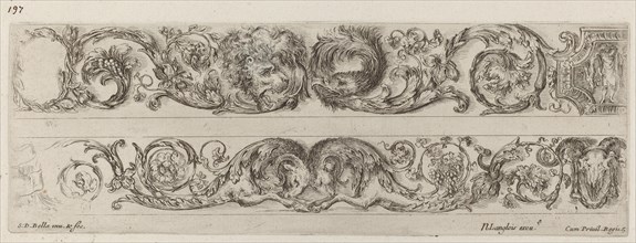 Two Ornamental Bands with Facing Heads of Lion and Eagle, and Two Rams, probably 1648.