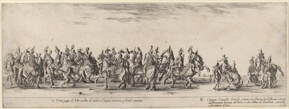Twenty Pages and Five Turkish Horses, 1633. Creator: Stefano della Bella.