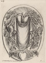Cartouche in the Form of a Drape Suspended from a Cypress Flanked by Skeletons, 1647.