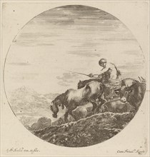 Shepherd on a Horse Driving a Herd of Various Animals.