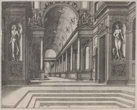 View in a Church with Corinthian Columns and Statues of Apollo, Melpomene, and Moses, 1560.
