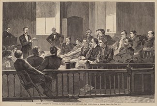 Jurors Listening to Counsel, Supreme Court, New City Hall, New York, published 1869.