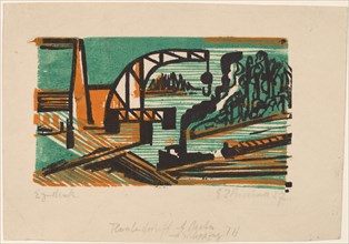 River Landscape with Crane and Barges, 1927.