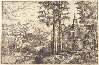 View of a Town near a River with a Church on the Right, 1553.