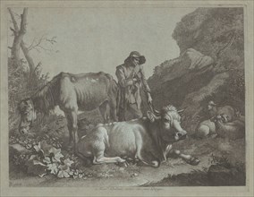 Shepherd Resting on a Walking Stick with an Old Horse and a Reclining Bull, after 1767.