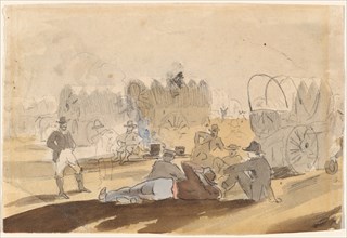 Caravan with Covered Wagons Resting [recto], 1861.