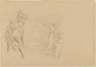 Man Pulling a Horse into a Stall, 1918.