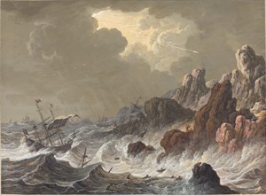 Storm-Tossed Ships Wrecked on a Rocky Coast.