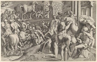 The Trojans hauling the wooden horse into Troy, 1545.