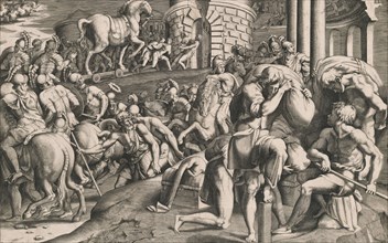 The Trojans pulling the wooden horse into the city, 1545.