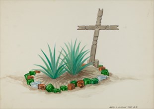 Child's Grave with Wooden Cross - Bottle Decorations, c. 1937.