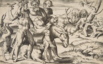 A drunken Silenus riding an ass being supported by satyrs, 1531-76.
