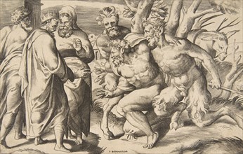 Two satyrs bringing Silenus King Midas standing at the left, 1531-76.