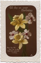 All Joy on your Birthday, 1935. Embossed card with daffodils and poem.