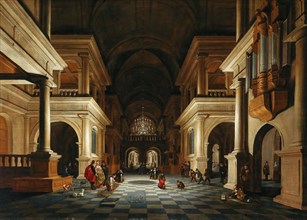 The interior of a church with elegant figures, 1632. Private Collection.