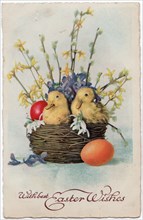 With best Easter Wishes, 1932. Ducklings and eggs in a basket of flowers.