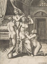 The toilet of Psyche who is seated in the centre being attended to, 1531-76.