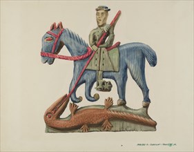 Saint George & the Dragon, Carved Out of Section of Plank - Painted, c. 1938.