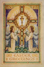 Easter Greetings, 1930s. Angels kneeling before a glowing Holy Grail within a crucifix.