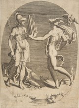 Mercury presenting a panpipe to Minerva who stands at left, an oval composition, 1531-76.