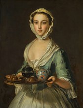 A young woman holding a tea tray (possibly Hannah, the artist's maid). Private Collection.