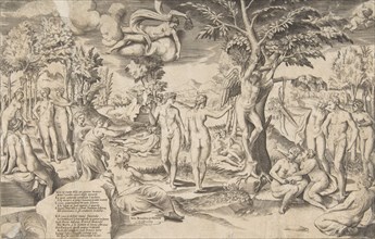Cupid in the Elysian Fields tied to a tree in the centre, surrounded my many figures, 1563.