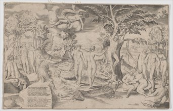 Cupid in the Elysian Fields tied to a tree in the centre, surrounded by many figures, 1563.